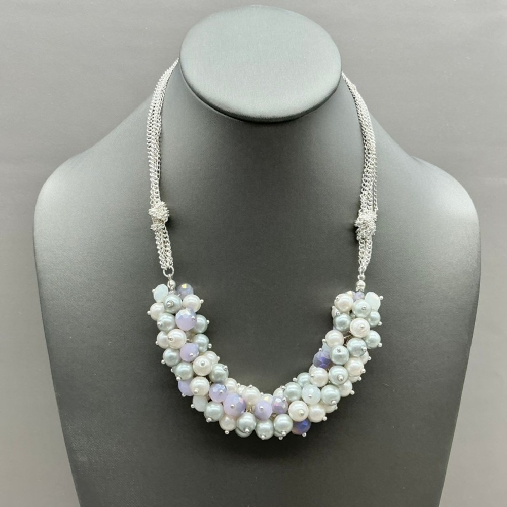 Faux Pearl Cluster Bib Necklace Women Silver Tone Multi Strand Beaded Statement